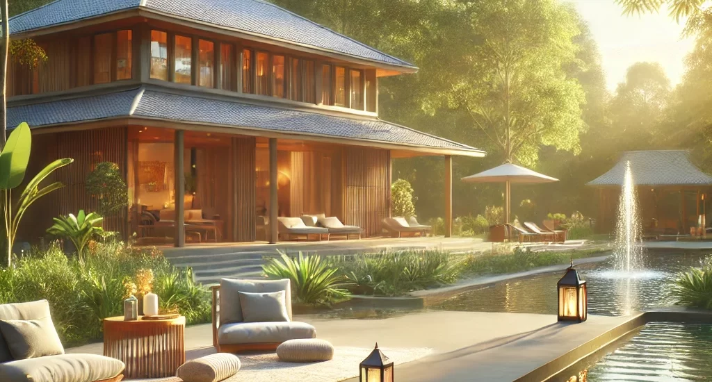 A serene and luxurious setting for The Liberation Retreat by Life Shapers, featuring a peaceful villa surrounded by greenery, soft sunlight, and calming outdoor amenities like yoga mats and meditation cushions for emotional detox and rejuvenation.