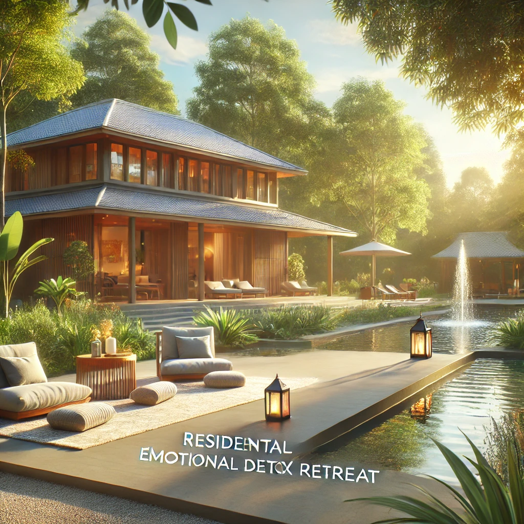 A serene and luxurious setting for The Liberation Retreat by Life Shapers, featuring a peaceful villa surrounded by greenery, soft sunlight, and calming outdoor amenities like yoga mats and meditation cushions for emotional detox and rejuvenation.