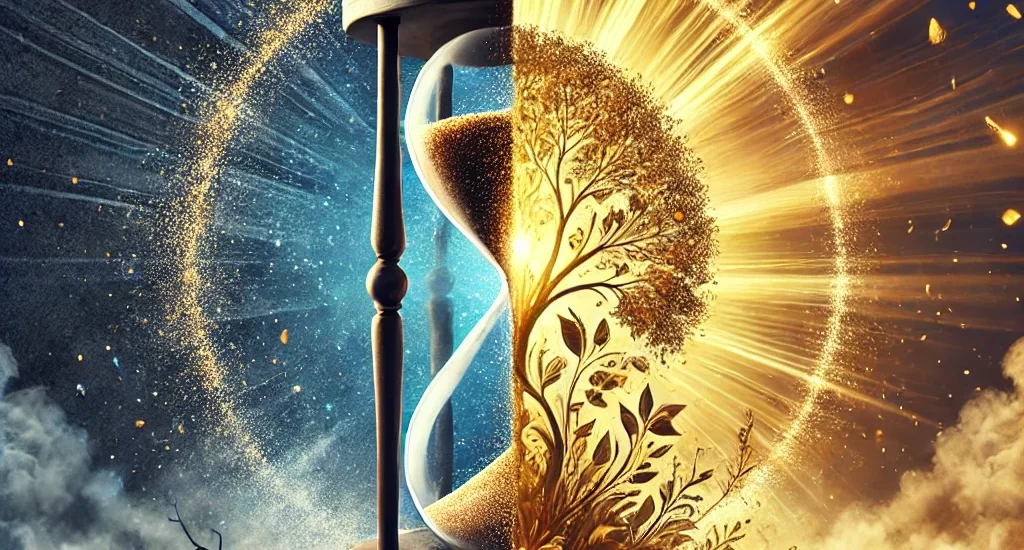 An impactful feature image for Life Shapers' Signature Training Program 'Waste It or Invest It,' depicting a split composition. On the left, a crumbling hourglass spills sand onto barren ground, symbolizing wasted opportunities. On the right, a radiant beam of light transforms into a flourishing tree with golden leaves, representing growth and success. The background transitions from dark, muted tones on the left to vibrant blue and gold hues on the right, illustrating the journey from potential waste to achievement.