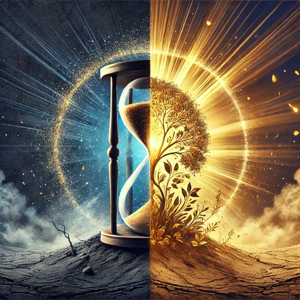 An impactful feature image for Life Shapers' Signature Training Program 'Waste It or Invest It,' depicting a split composition. On the left, a crumbling hourglass spills sand onto barren ground, symbolizing wasted opportunities. On the right, a radiant beam of light transforms into a flourishing tree with golden leaves, representing growth and success. The background transitions from dark, muted tones on the left to vibrant blue and gold hues on the right, illustrating the journey from potential waste to achievement.